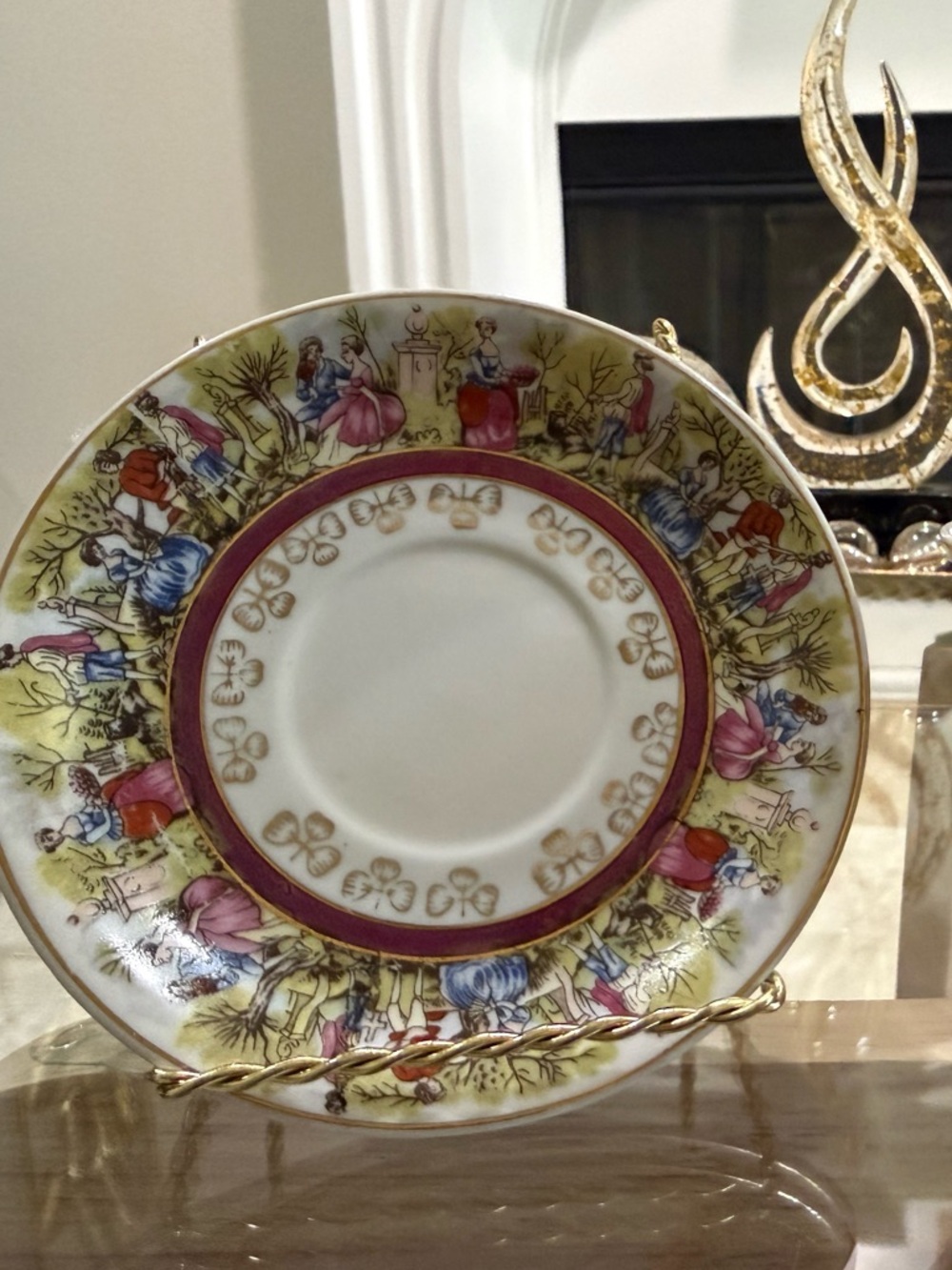 Multicolor Porcelain Dessert Plate with Gold Trim and Pink Band